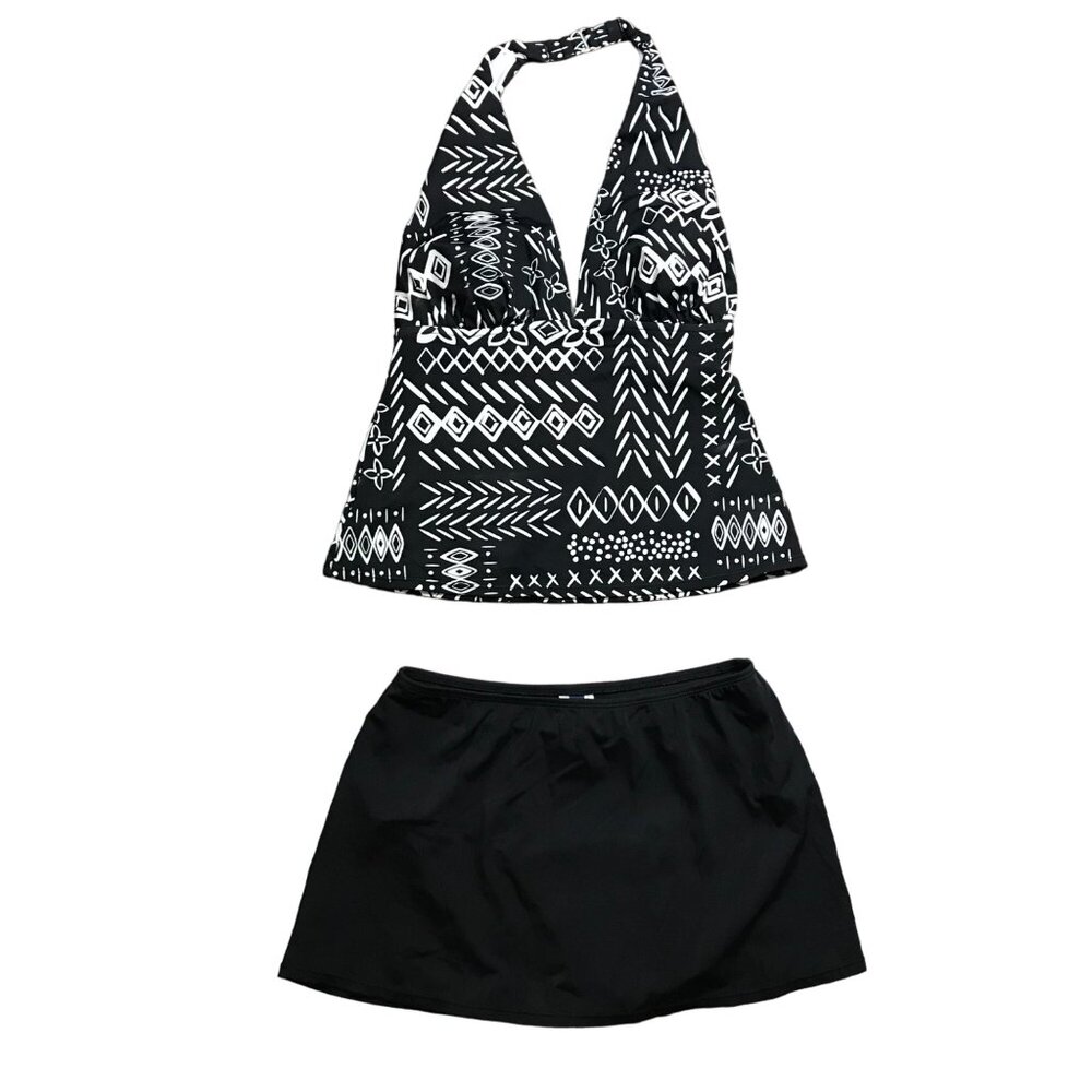 Jantzen Halter Tankini Top Skirted Bottoms‎ Womens 10 Black White Two Piece